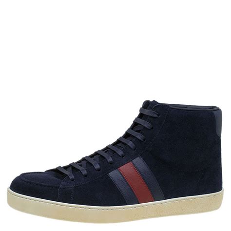 gucci navy suede web stripe lace up sneakers|farfetch Gucci tennis shoes.